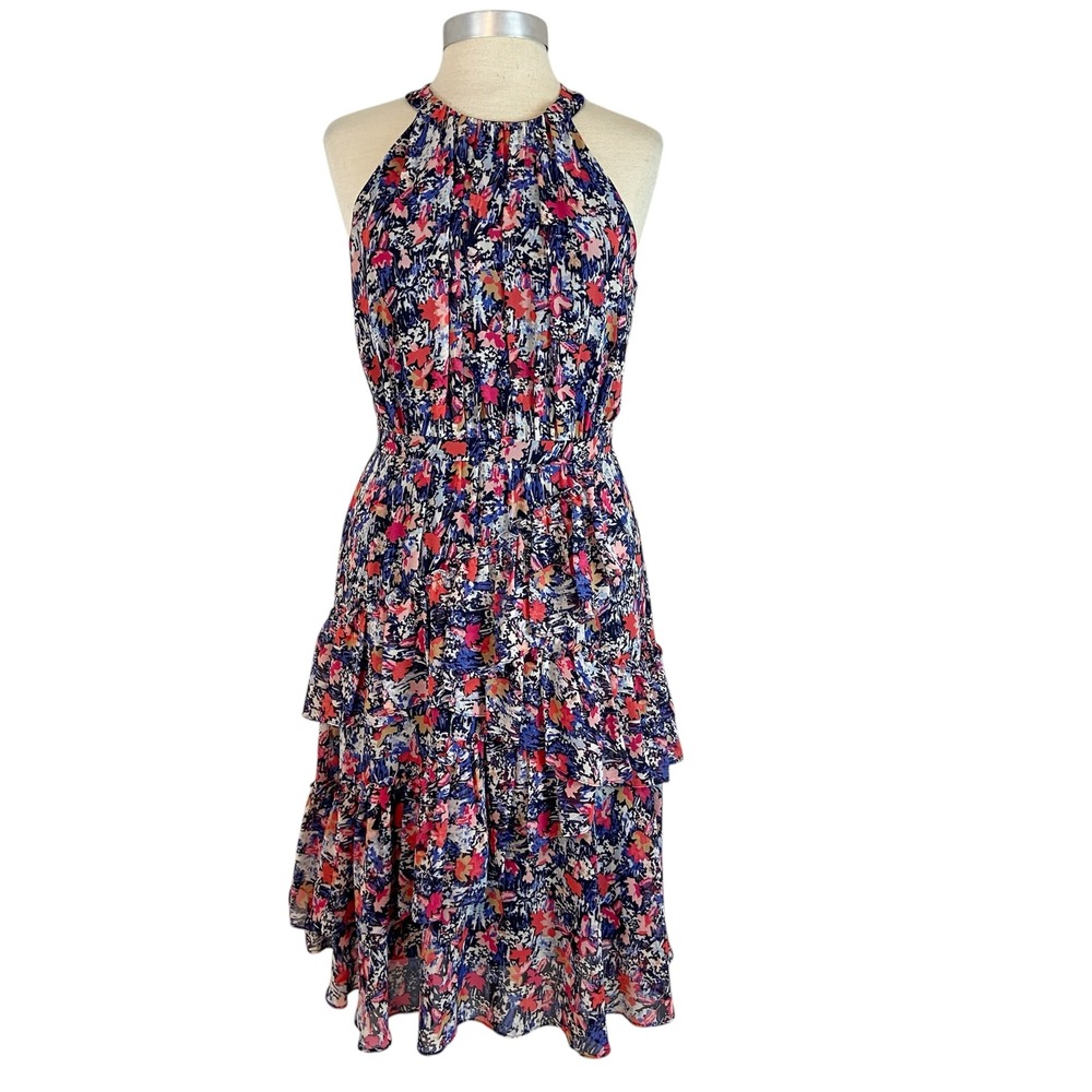 BCBG Maxazria Floral Halter Tiered Ruffle‎ Midi Dress Size 6 Blue Pink Feminine